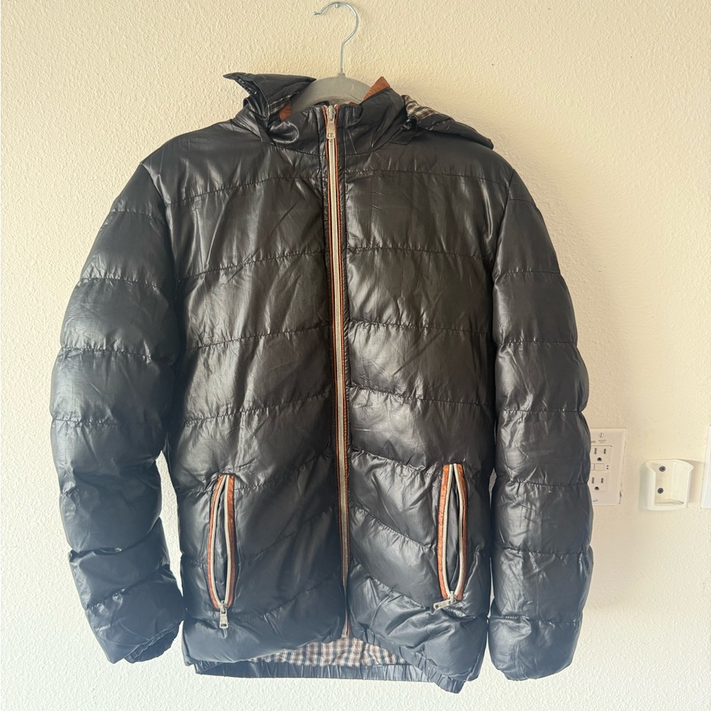 Black Glossy Puffer Jacket w/ Orange Zipper